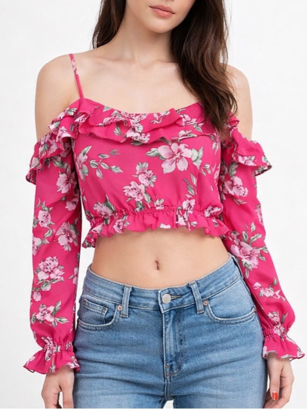 soft girl coquette pink floral blouse off shoulder crop top